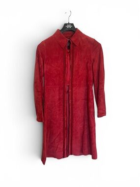 Women's Red Suede Long Trench Coat